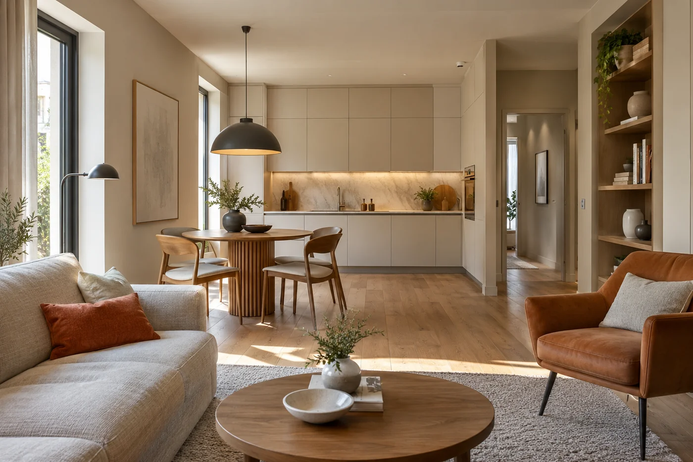 Интерьерная концепция гостиной с мягким диваном, деревянными фасадами и многоуровневым освещением